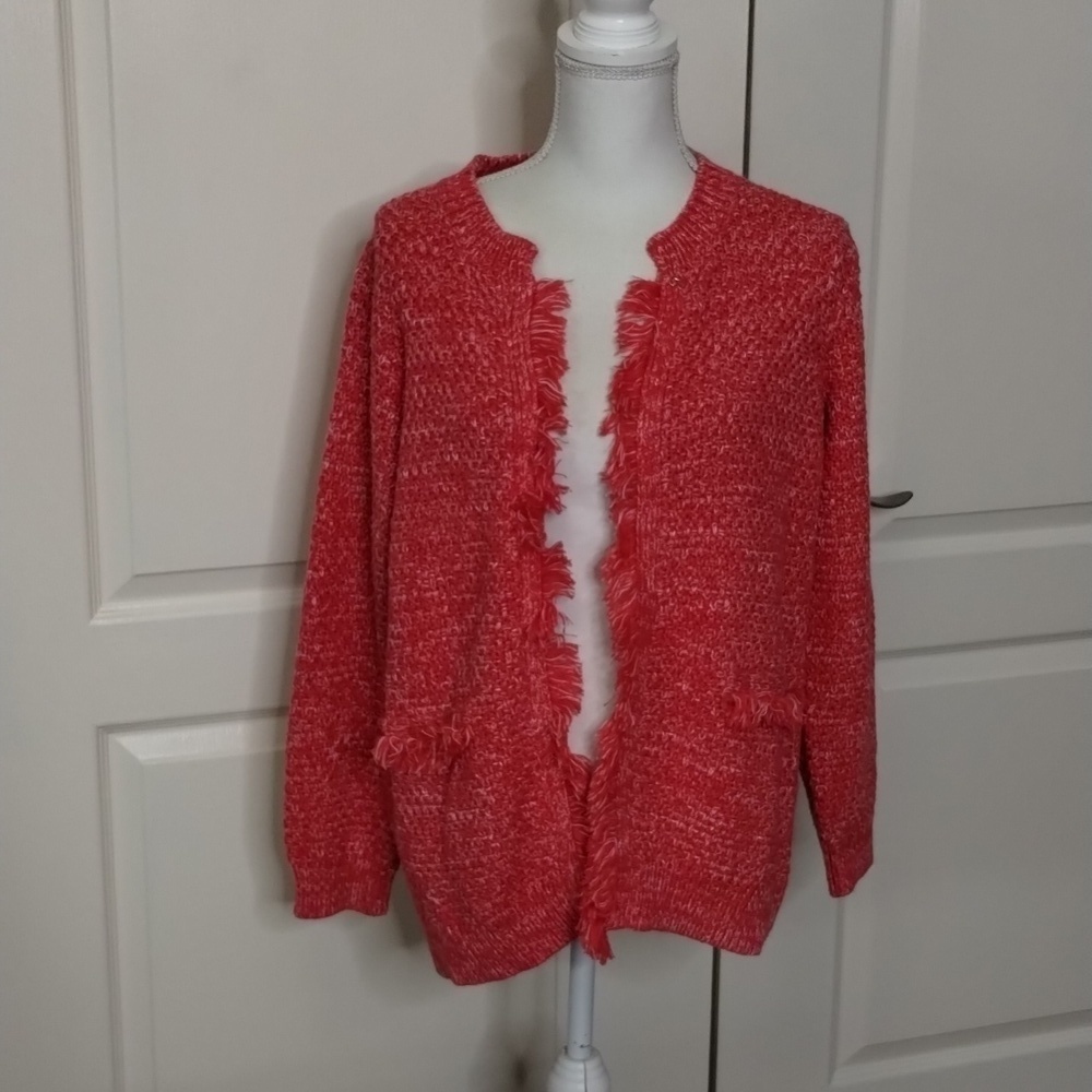 DEX women's X (12/14) reddish pink white slub flecks sweater long sleeve fringe